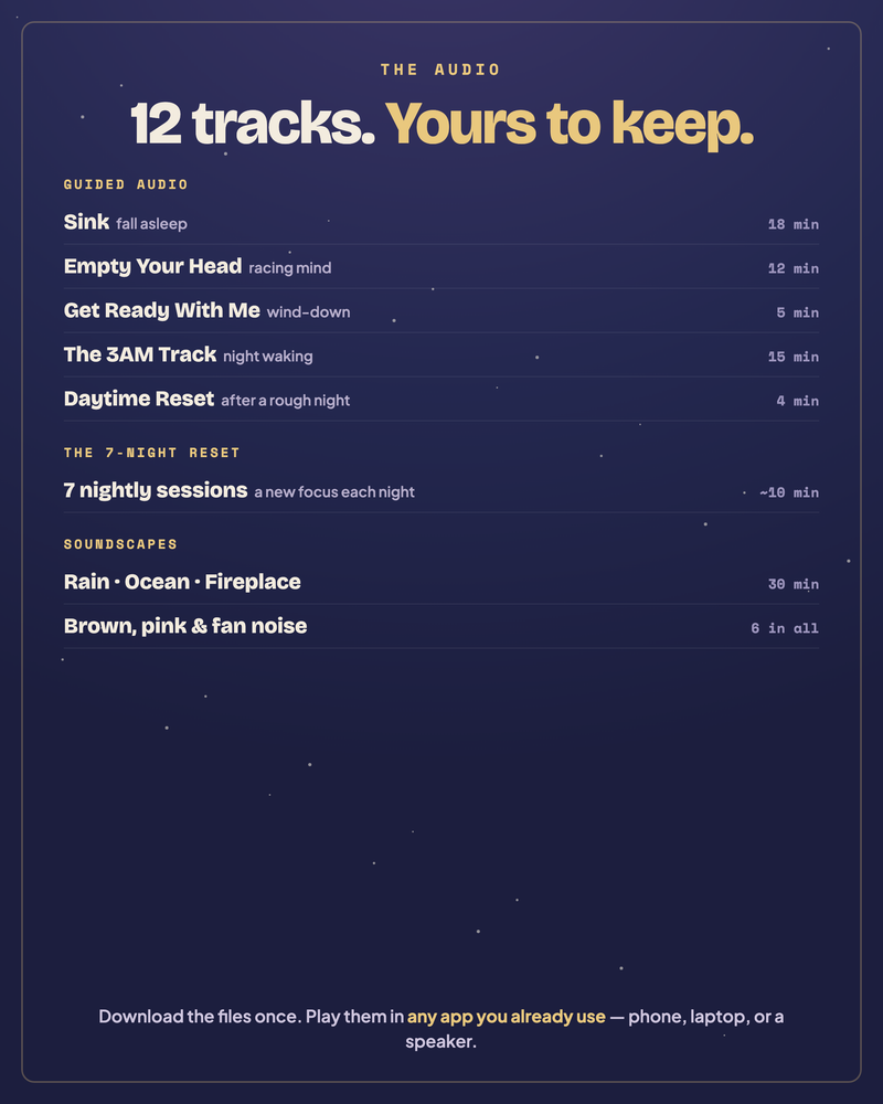 The 12 guided tracks and 6 soundscapes, downloadable MP3s to play in any app